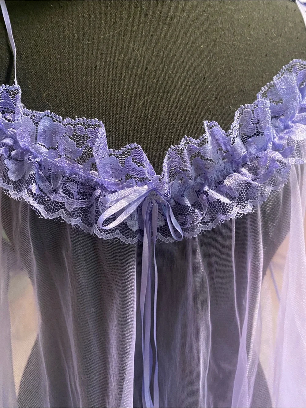 Vintage Sheer Lavender Ruffled Babydoll Camisole With Lace, Ribbons, Small - Picture 7 of 7